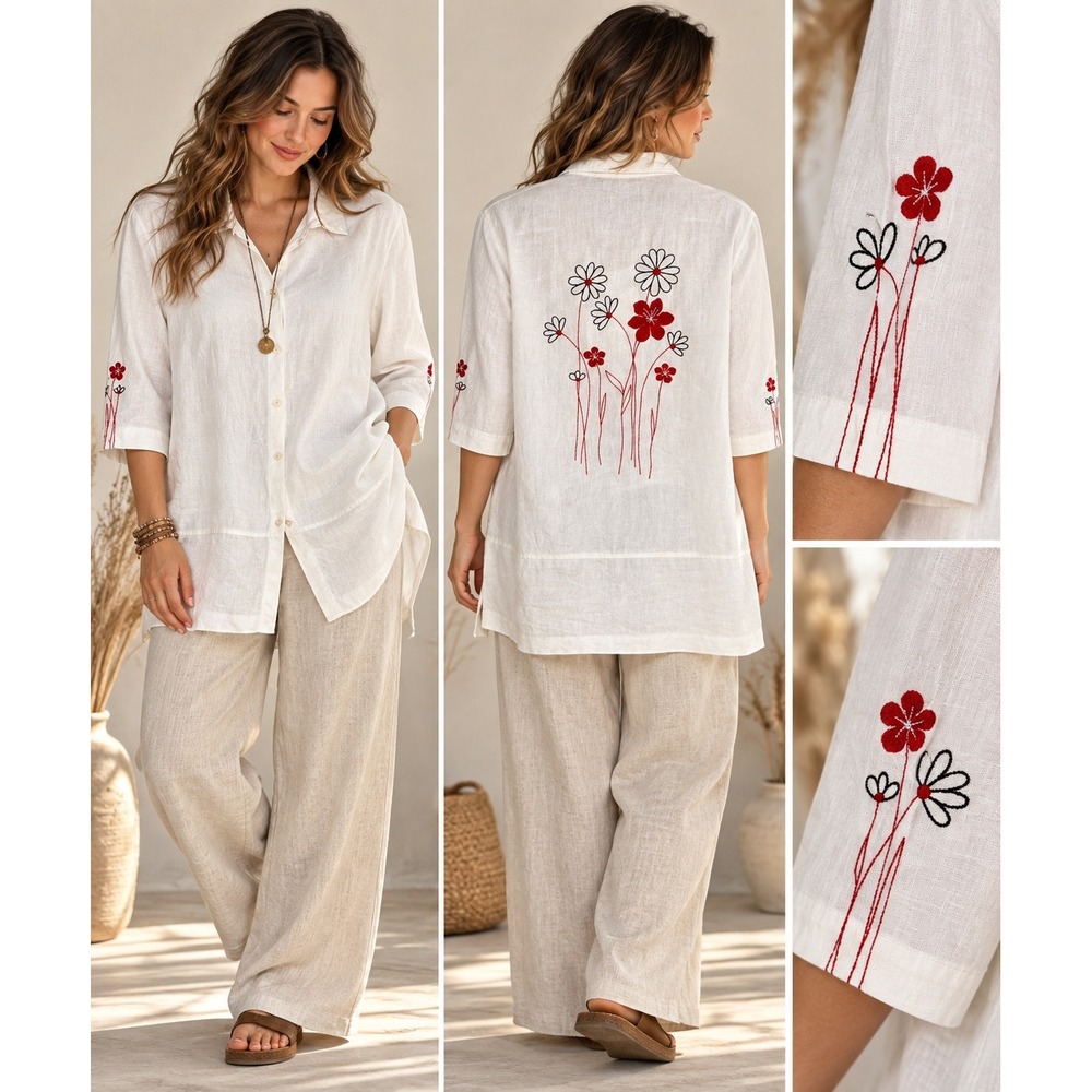 Coastal Lagenlook Boho White Linen Embroidered Tunic Norton McNaughton XL XXL